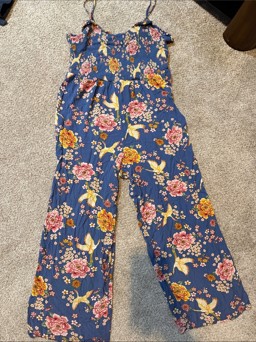 Floral Blue Wide-Leg Jumpsuit with Spaghetti Straps